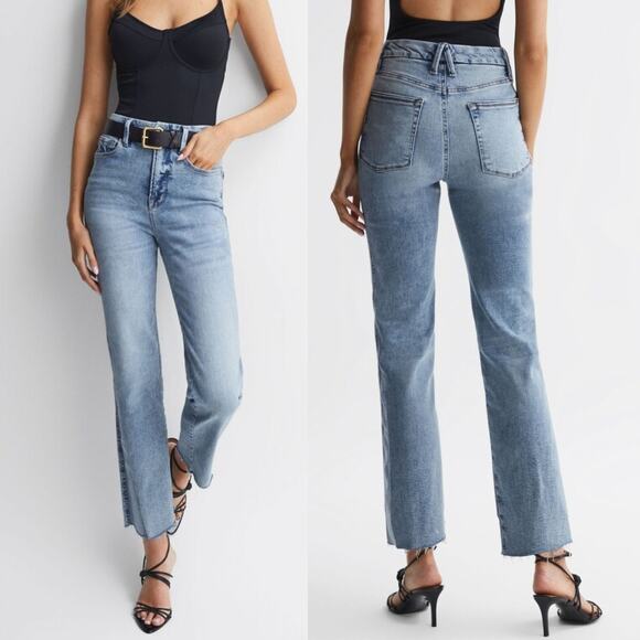 Good American Denim - Good American Straight Leg Raw Hem Jeans Light Wash Indigo High Rise Womens Sz 0